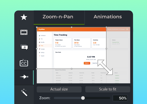 Camtasia editor interface displaying a cursor resizing a screen to zoom in.