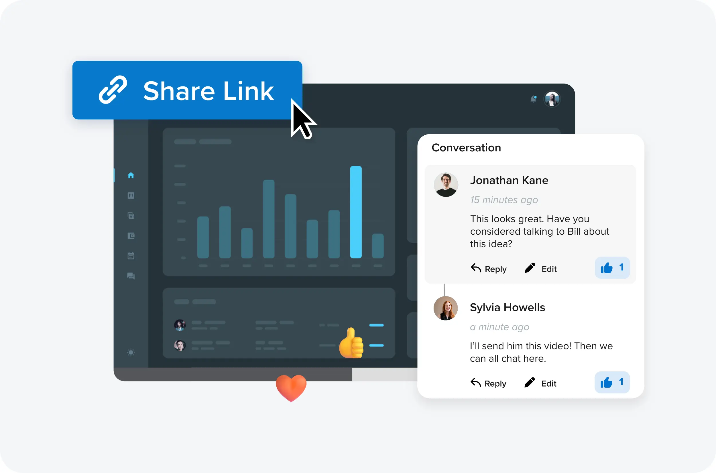 Screencast interface showing a conversation between coworkers about the video shared to Screencast. A cursor is clicking the "Share Link" button.
