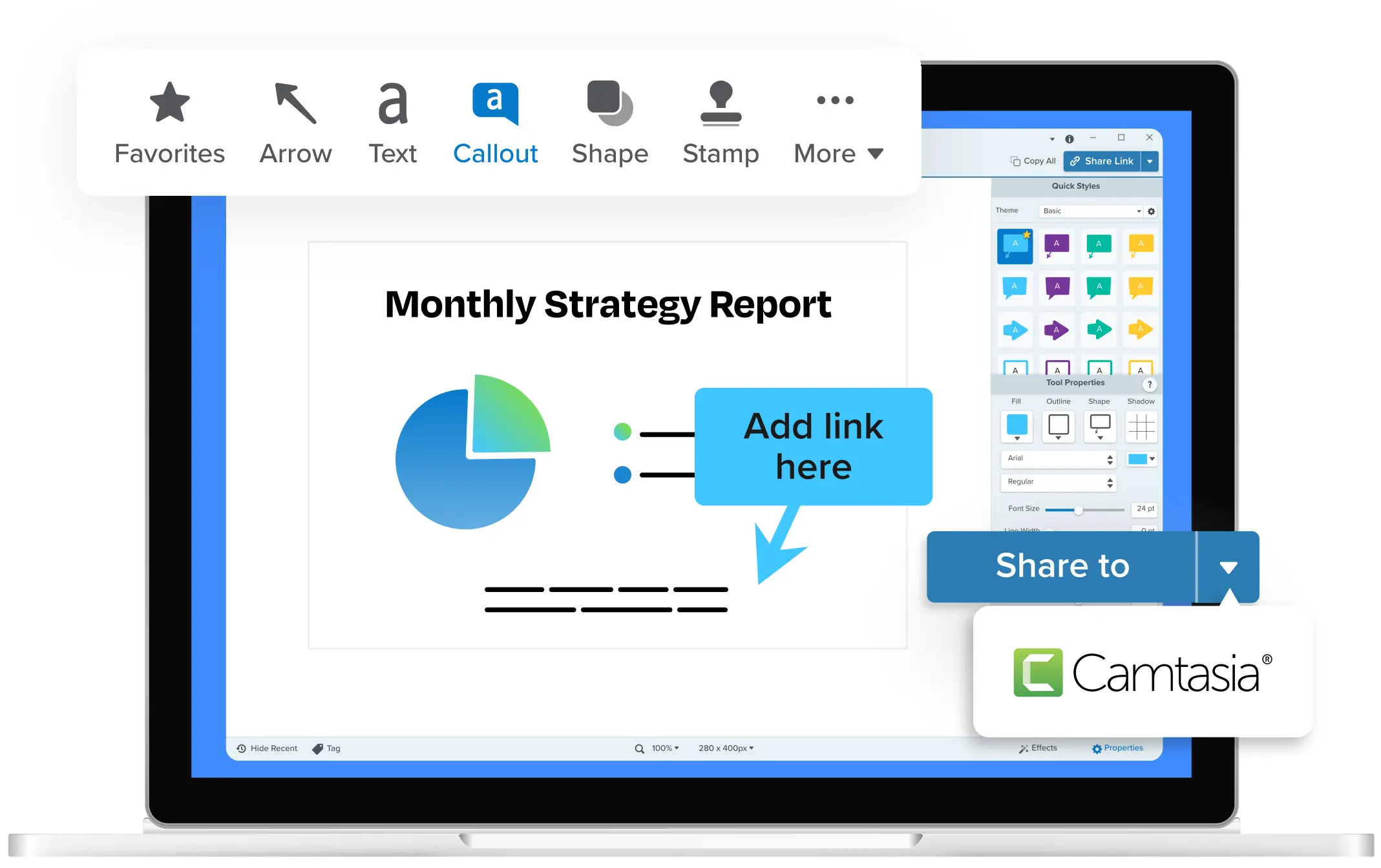 Snagit interface showing an annotated screenshot with a callout pointing at information labeled "add link here"
